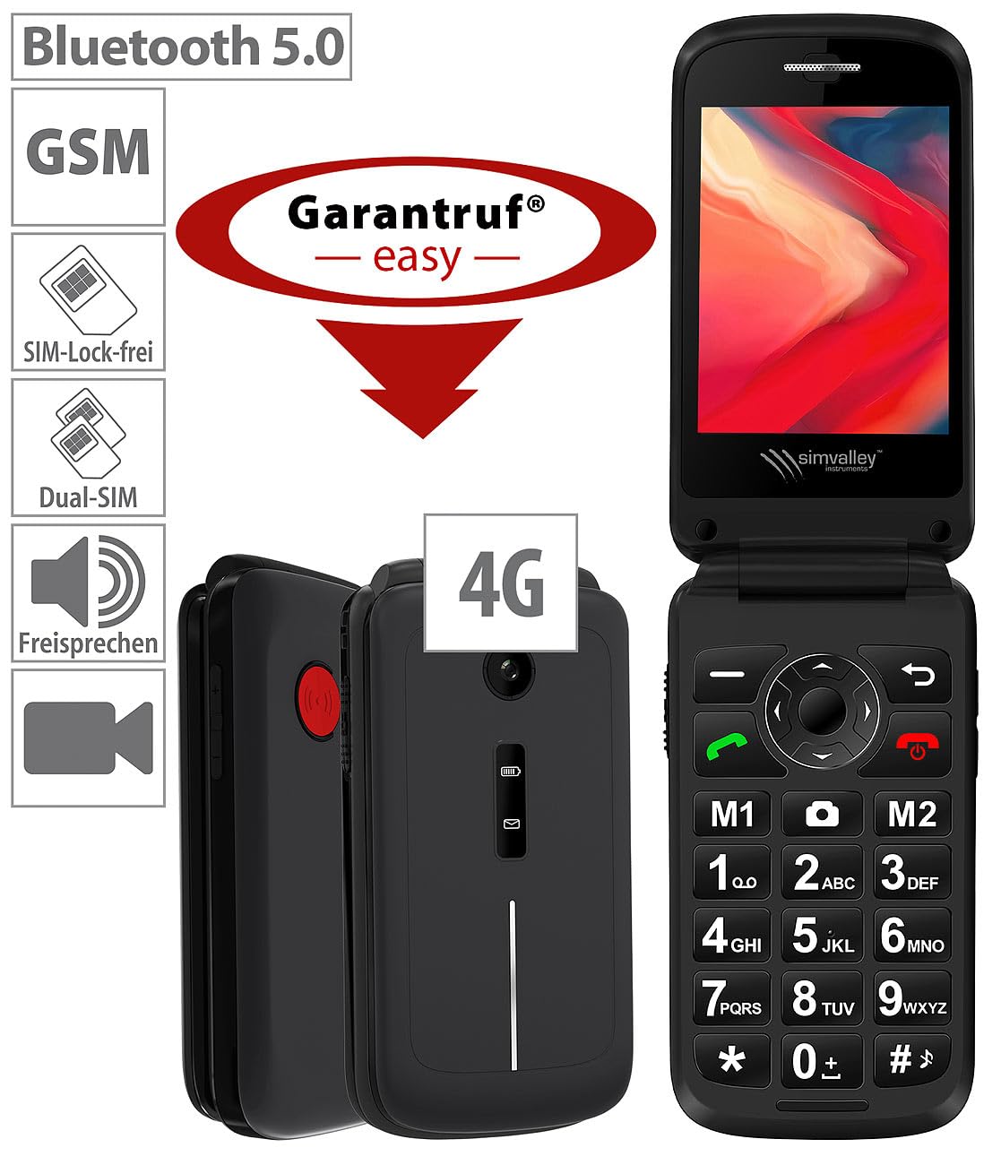 simvalley MOBILE Telefono Cellulare: 4G-Senioren-Klapphandy, 2,8"/7,1-cm-Display a Colori, Garantruf Easy (Telefono per Anziani a Conchiglia, per Anziani, Anziano)