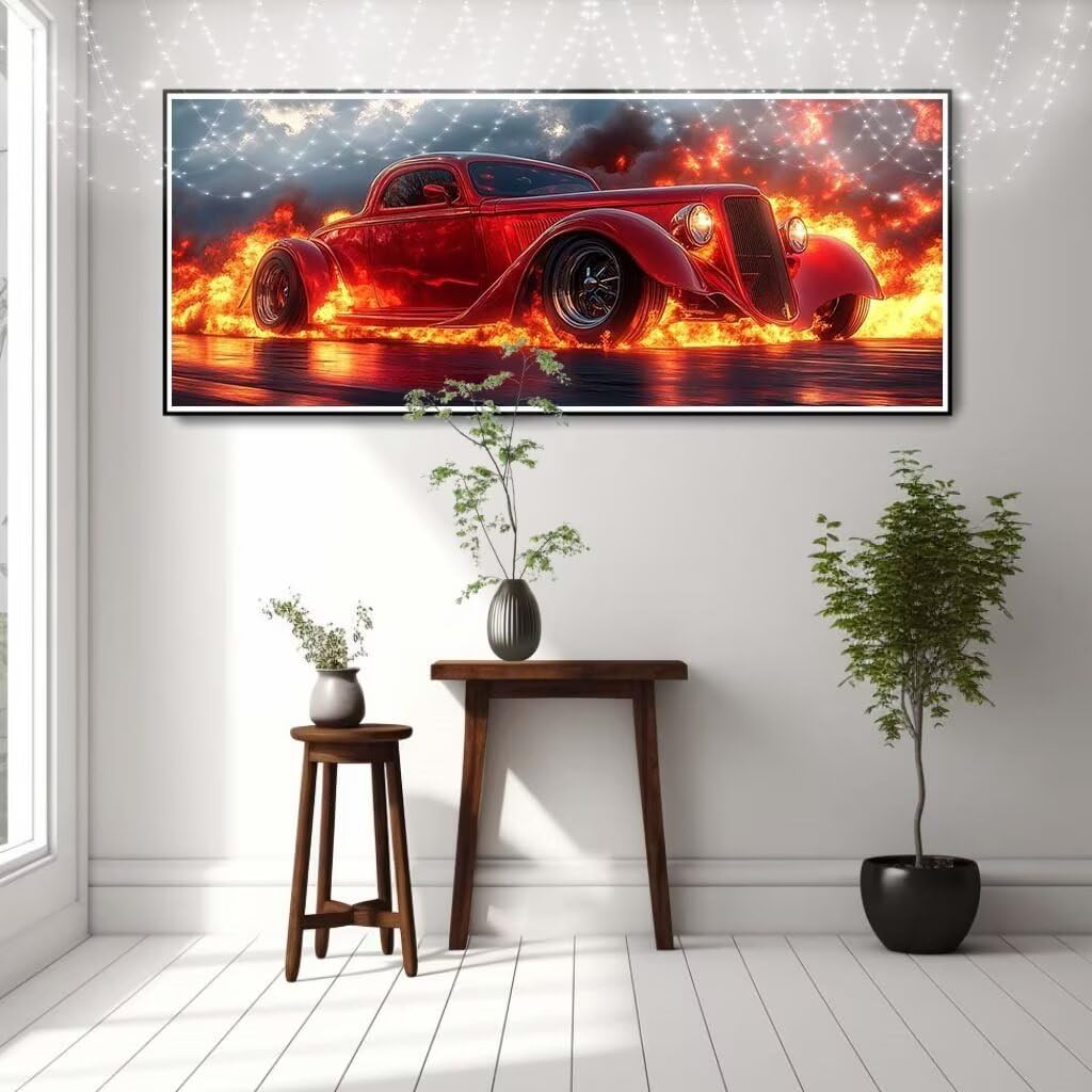 5D DIY zestaw do malowania diamentami, płomień, samochód diamentowy obraz dla dorosłych duży 60 x 120 cm, zrób to sam mozaika haft ścieg krzyżykowy zestaw do malowania diamentami dla dzieci do