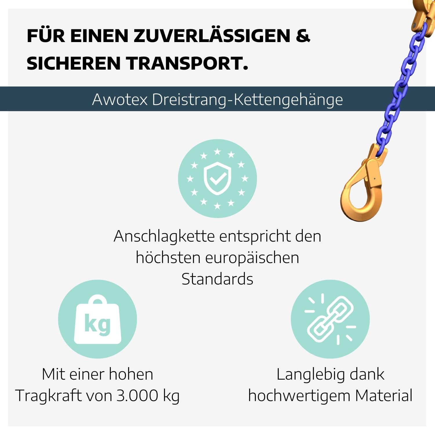 Dreistrang-Kettengehänge 6 mm GK 10 I 1,5 m Lange Anschlagkette Baustelle I Bagger-Zubehör I Traglast 3000kg (0°-45°) & 2120kg (45°-60°) nach EN818-4 I Kettengehänge 3-Strang
