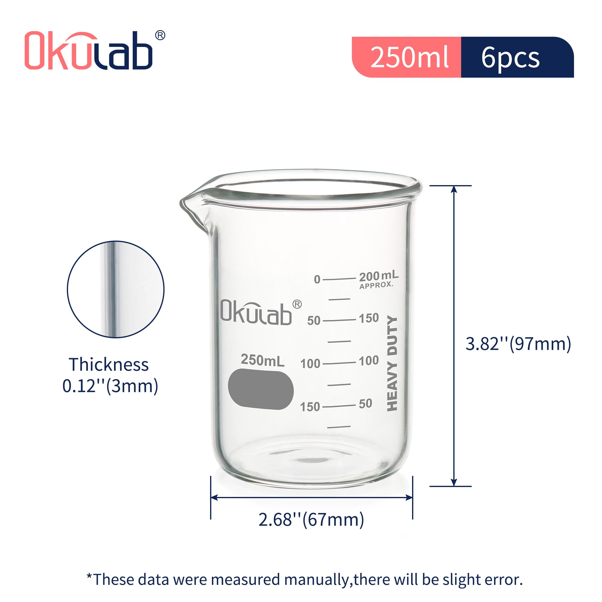 Vaso de precipitados, 6 piezas de Vol.250 ml, forma baja, material de vidrio brosilicato 3.3, con boquilla y graduación impresa. BKLG250B6