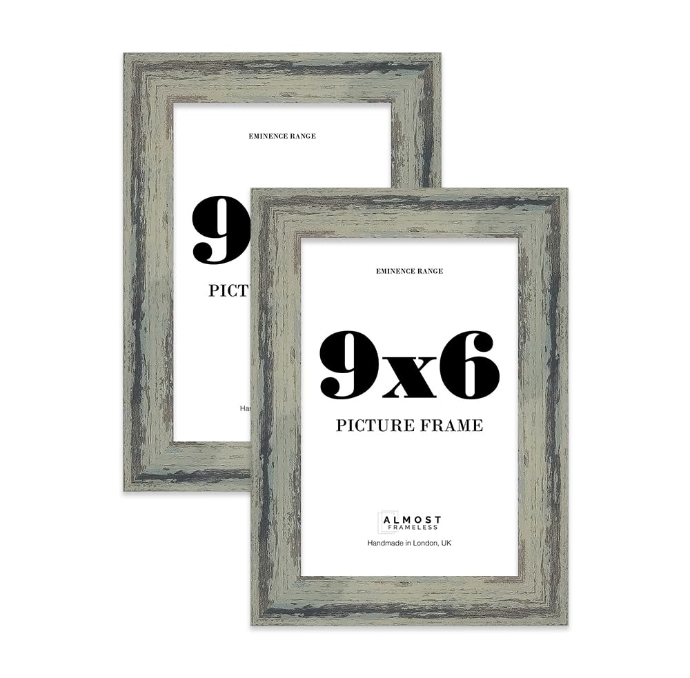 9x6" Distressed Green Picture Frame - Rustic Wood Industrial Effect Photo Frame for Wall Display, Ideal for Posters, Prints & Home Décor, Wall Hooks and Kickstand, 32mm Edge - 2 Pack