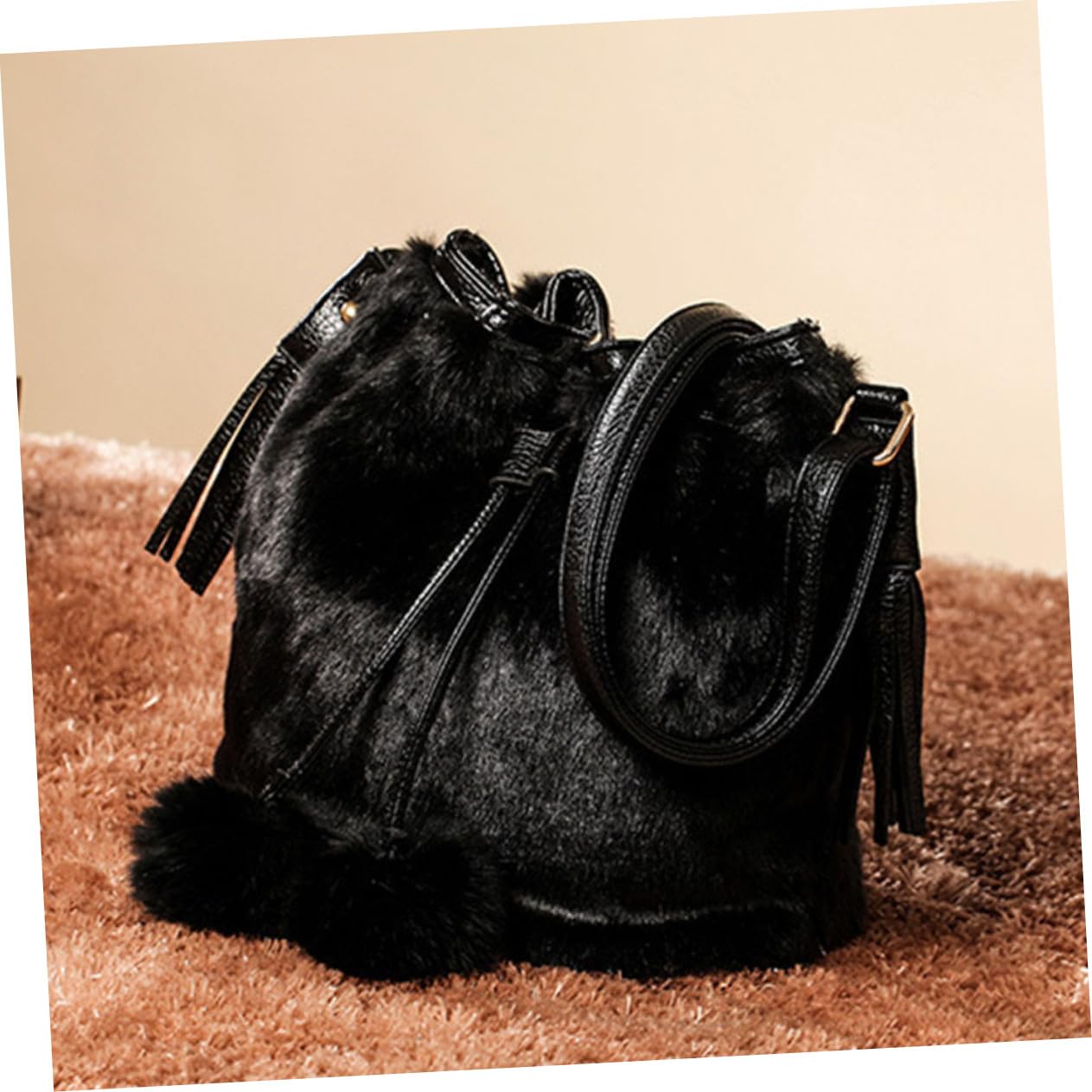 OUNONA Bolso Bombonera Mujer Negro de Poliéster Diseño de Cordón y Gran Capacidad, Bolso Bandolera Esponjoso Adecuado para Ir de Compras y Salir Estilo