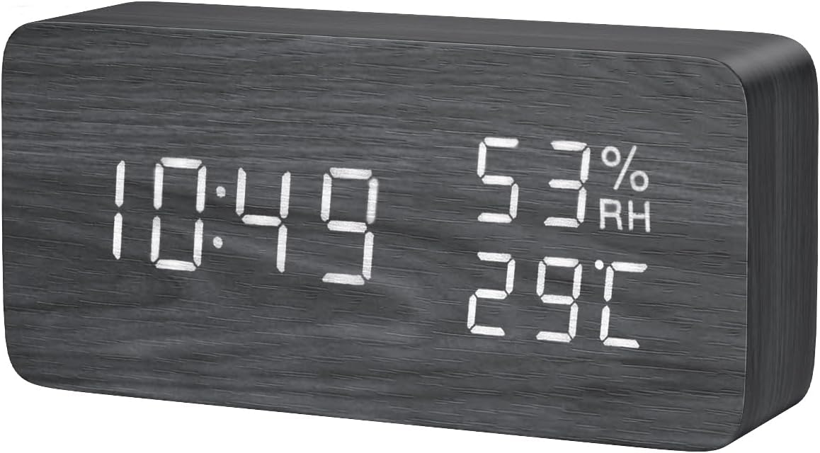 KeeKit Digital Wooden Alarm Clock, Electronic LED Desktop Clock with Temperature Humidity Time Display, 3 Alarm Settings, Voice Control, 3 Levels Adjustable Brightness for Home, Bedroom, Office