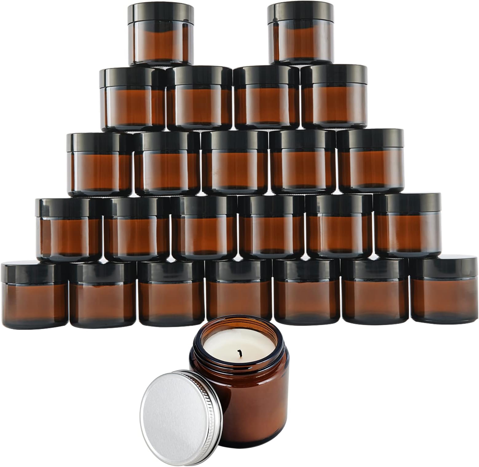 2 oz Amber Round Glass Jars (24 Pack & 48 Lids), Empty Cosmetic Containers with Inner Liners and 24 black & 24 Silver Lids for Slime, Beauty Products, Cosmetic, Lotion, Ointments & DIY.