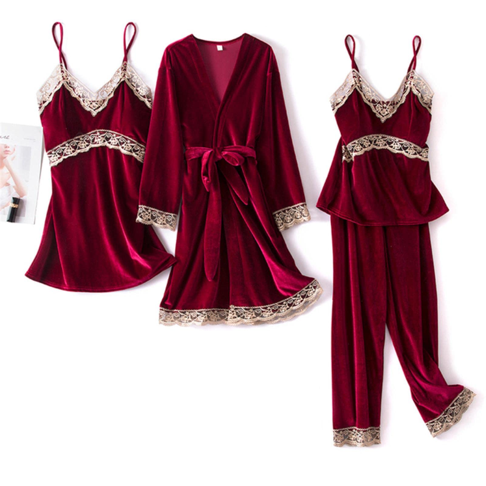 Pigiama Nuove Donne Velvet 4 Pezzi Pigiama Set Set Sling Sexy Pizzo Sexy Sleepwear Inverno Autunno Pigiama con Padella Petto Vino Robe Rossa