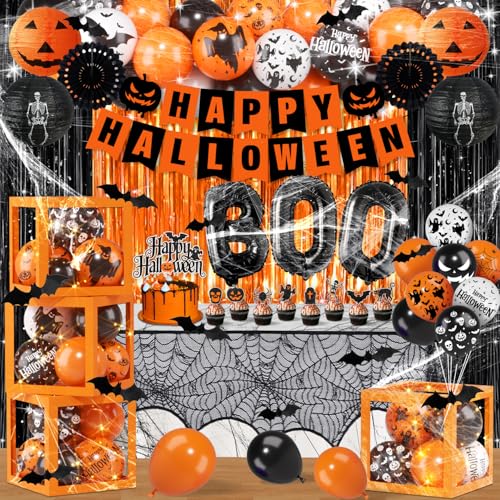 Halloween Party Decorations Halloween Decorations Kit includes Ghost Balloons Boxes Spider Web Tablecloth Black Orange Foil Curtains Boo Party Supplies for Home Birthday Decoration