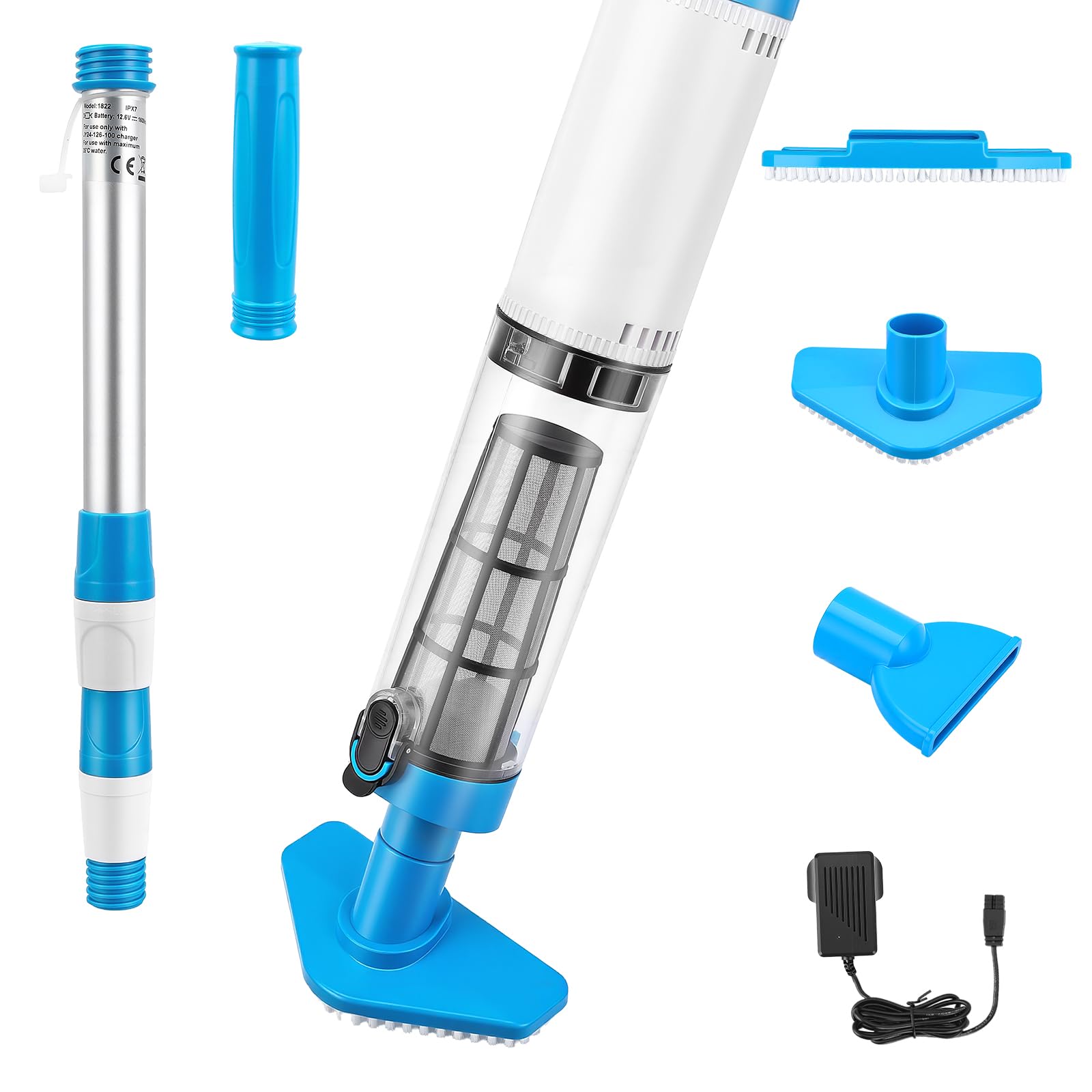 Aspirador Piscina Inalámbrico 20L/min de Flujo, Limpiafondos Piscina Automático con Sensor de Inmersión 38cm, Boquillas Intercambiables y Mango Telescópico 103-162cm