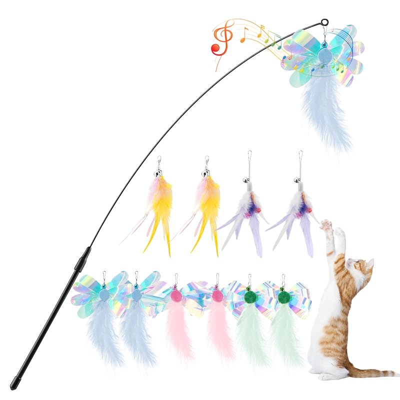 Brinquedo Interativo para Gatos com Varinha e Penas Naturais Pawaboo Z-Multicolored, 10 Penas + 1 Varinha