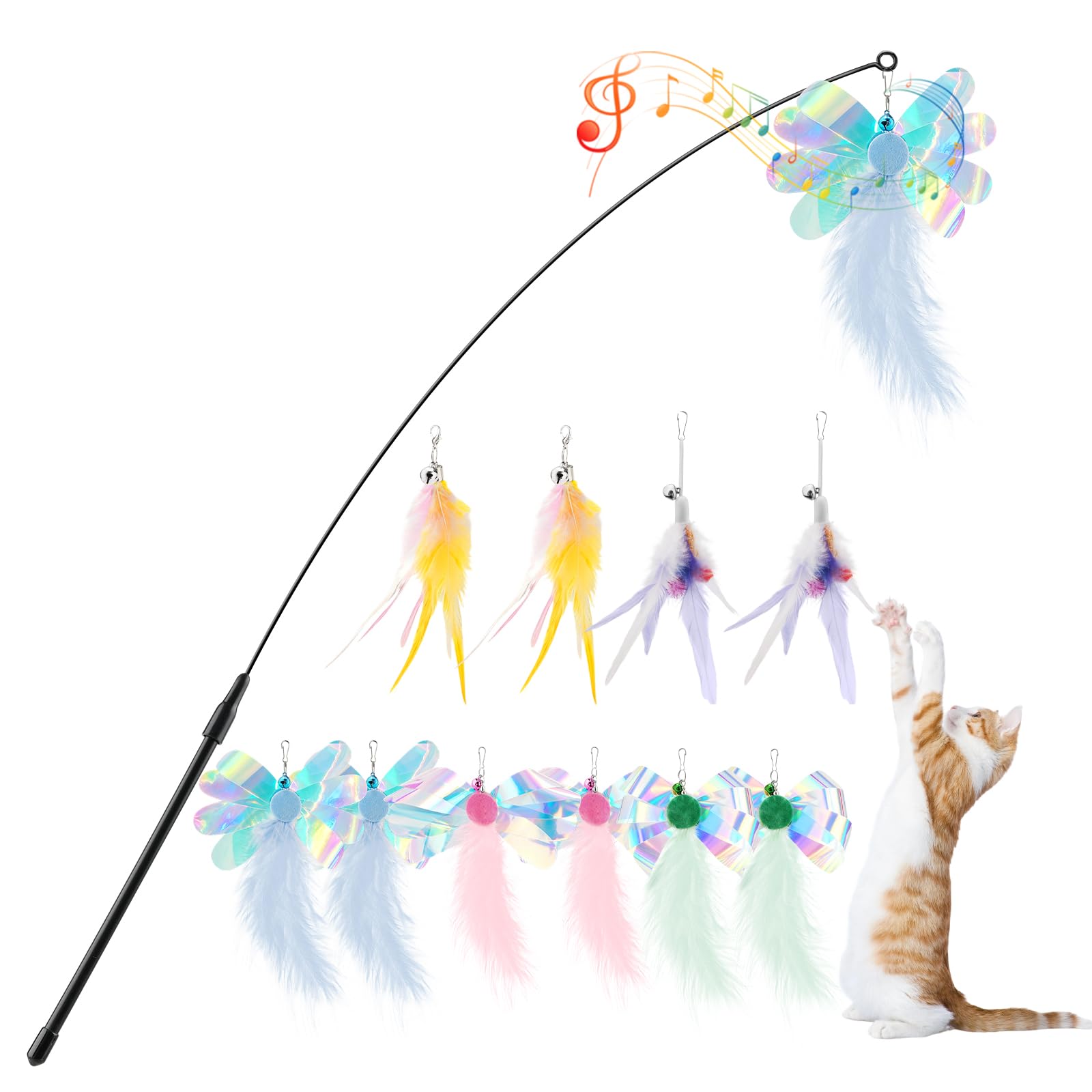 Pawaboo Feather Teaser Cat Toy, Interactive Feather Wands Cats Toy Flying Feathers Cat Catcher with Extra Long 34.5" Wand and Small Bell, Exerciser Playing Toys, 1 Wand + 10 Feathers, Multicolored