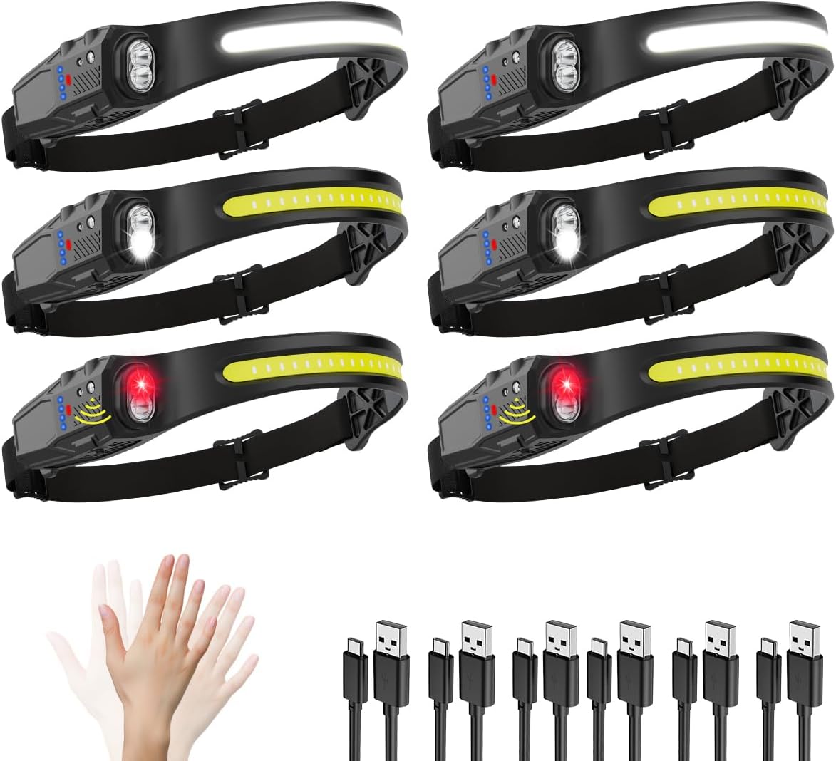 Headlamp Rechargeable 6Pack, 230° Wide Beam LED Headlamp, 7Mode Headlamps for Adults, Head Lamp with Motion Sensor, Red Light Head Lamps LED Rechargeable, Head Lights for Forehead Running Camping