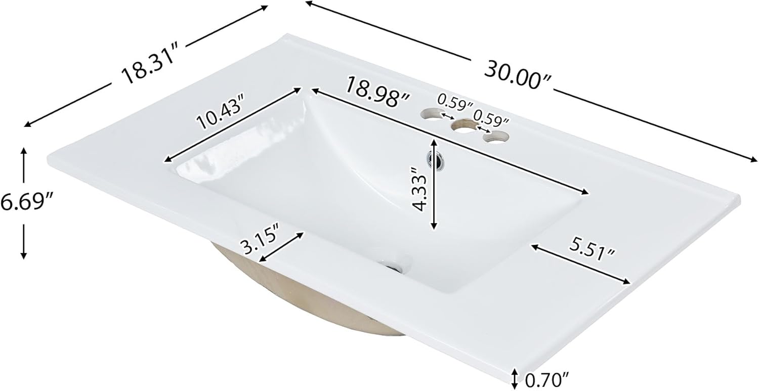 Virubi 30" Bathroom Vanity with Ceramic Sink, Modern Freestanding Storage Cabinet with 1 Door, 2 Drawers & Tip-Out Drawer, Solid Wood Frame