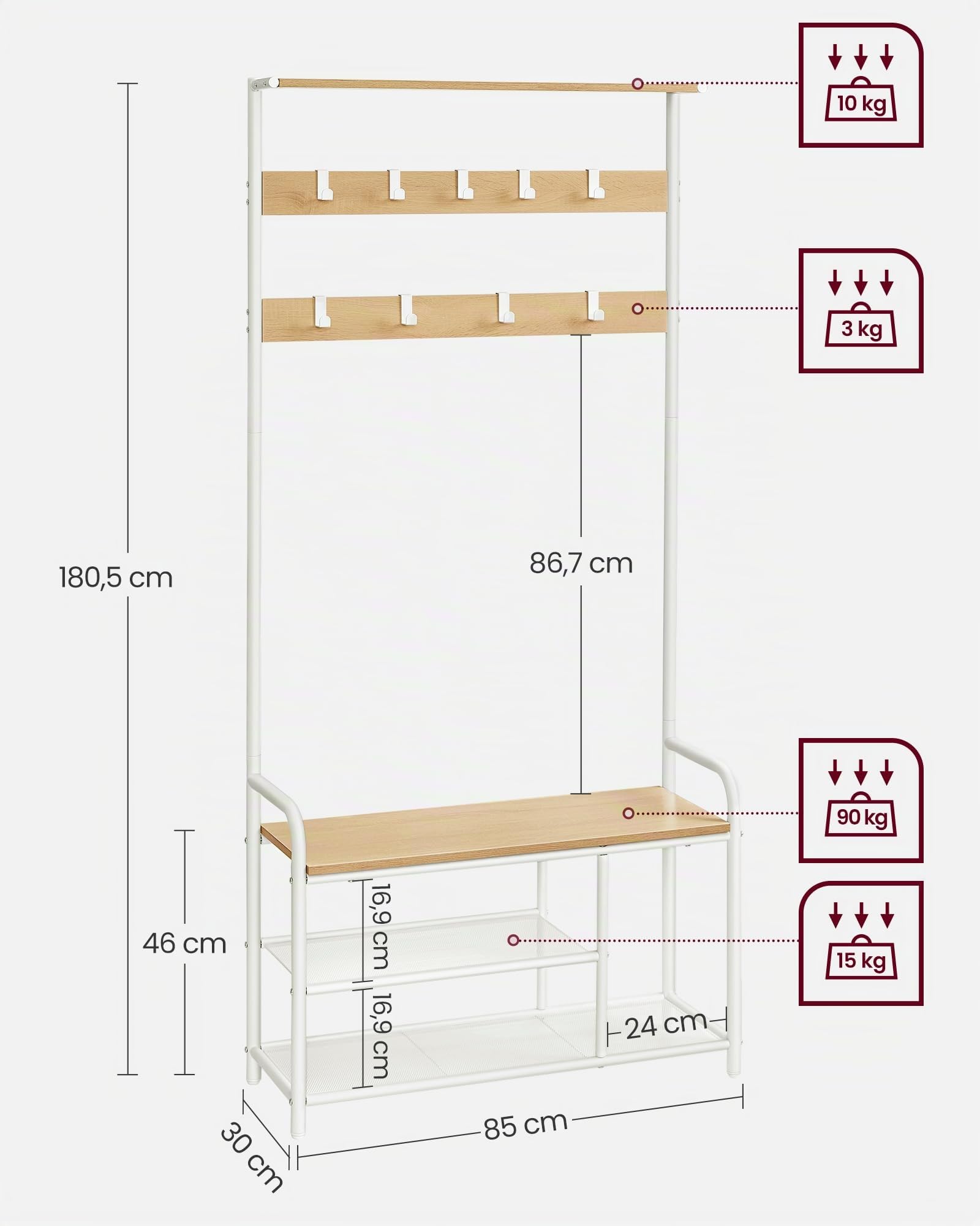 VASAGLE Perchero con Zapatero, 9 Ganchos Extraíbles, 30 x 85 x 180,5 cm | Mueble Recibidor, Banco, Estante, Tradicional, Pasillo, Dormitorio, Roble Dorado y Blanco Mate, Colección DACEY HSR409W09