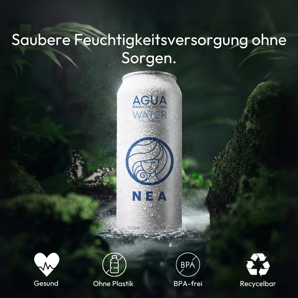 Mineralwasser. NEA-Dosenwasser. Natürliches Mineralwasser – Packung mit 24 Einheiten x 33 cl. Wasser in einer Schachtel mit 24 33-cl-Dosen. Mineralwasser aus der Dose. Mineralwasserpackung 24