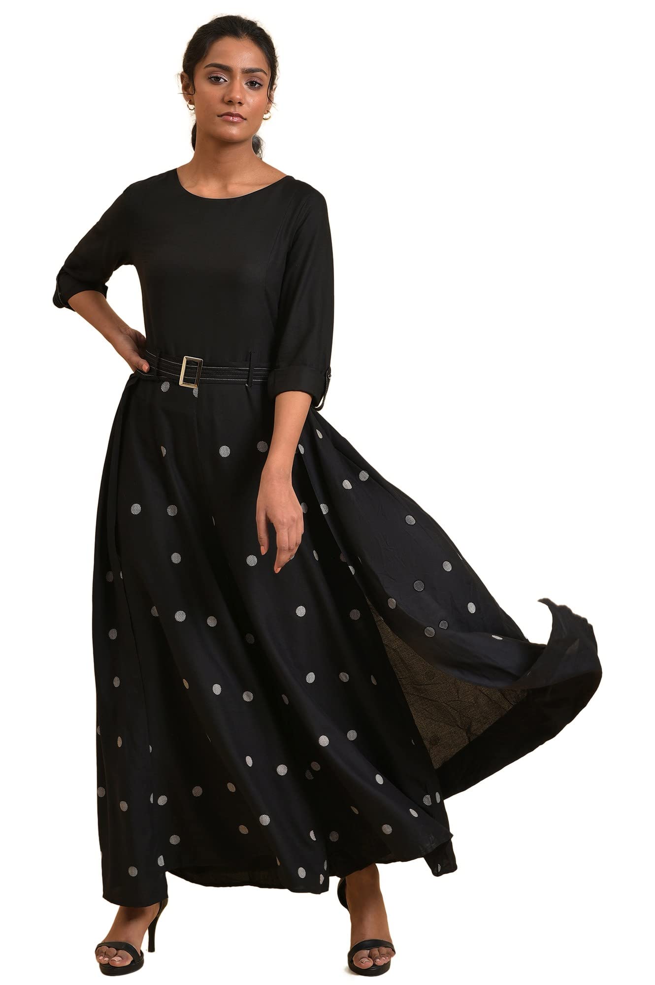 Women's Rayon Blend Black Polka Dot Jumpsuit with Belt Standard Length