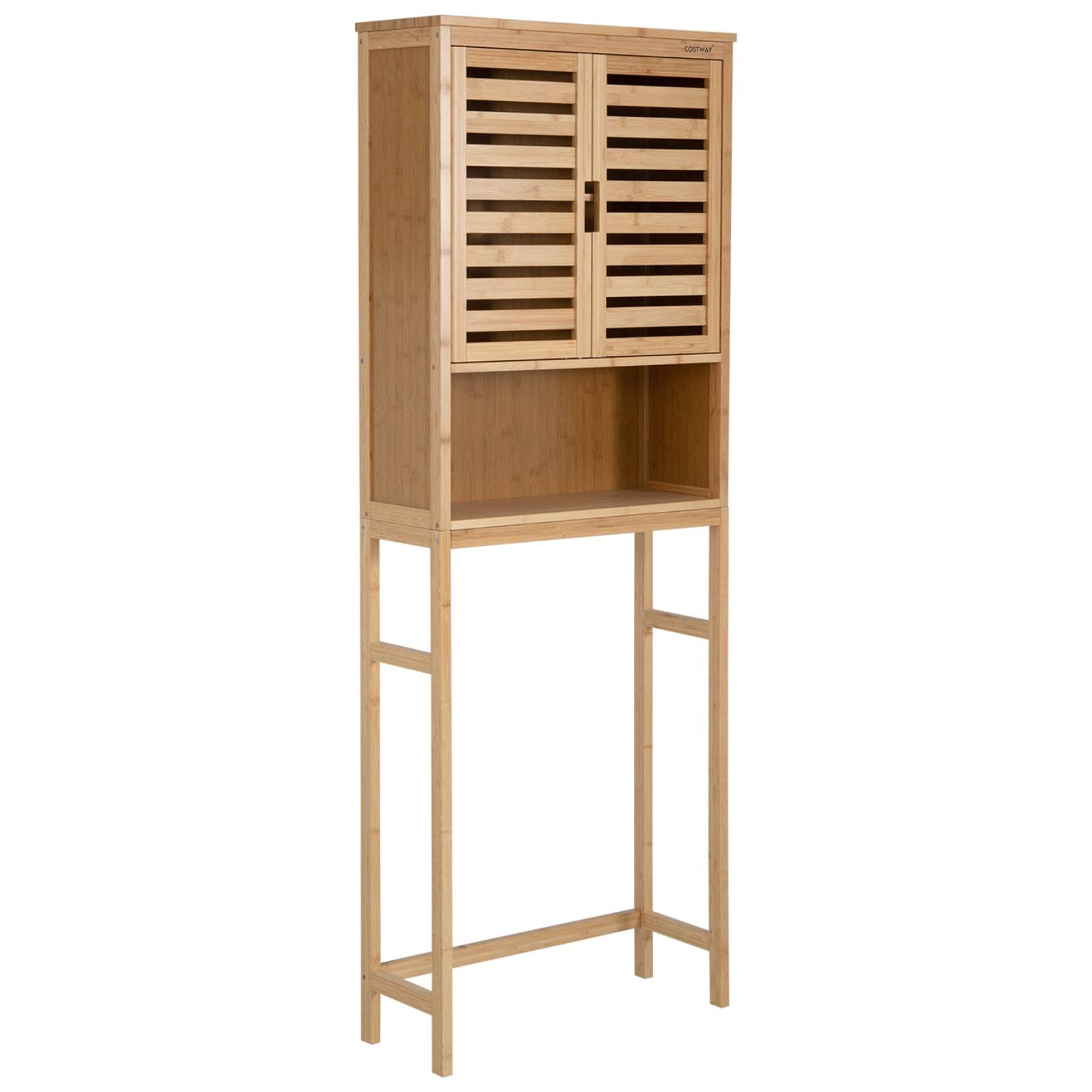 COSTWAY Over Toilet Cabinet, Bamboo Freestanding Washing Machine Rack with Adjustable Shelf and Louver Door, Bathroom Space Saver Laundry Tall Storage Cupboard Organiser Unit
