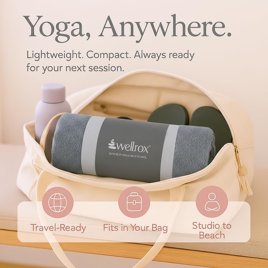 Wellrox Microfiber Yoga Mat Towel with Grip – Ultra Absorbent, Super Soft, and Quick Dry Hot Yoga Towel Non Slip for Pilates, Bikram, and Fitness Workouts (74” x 26”, Grey)