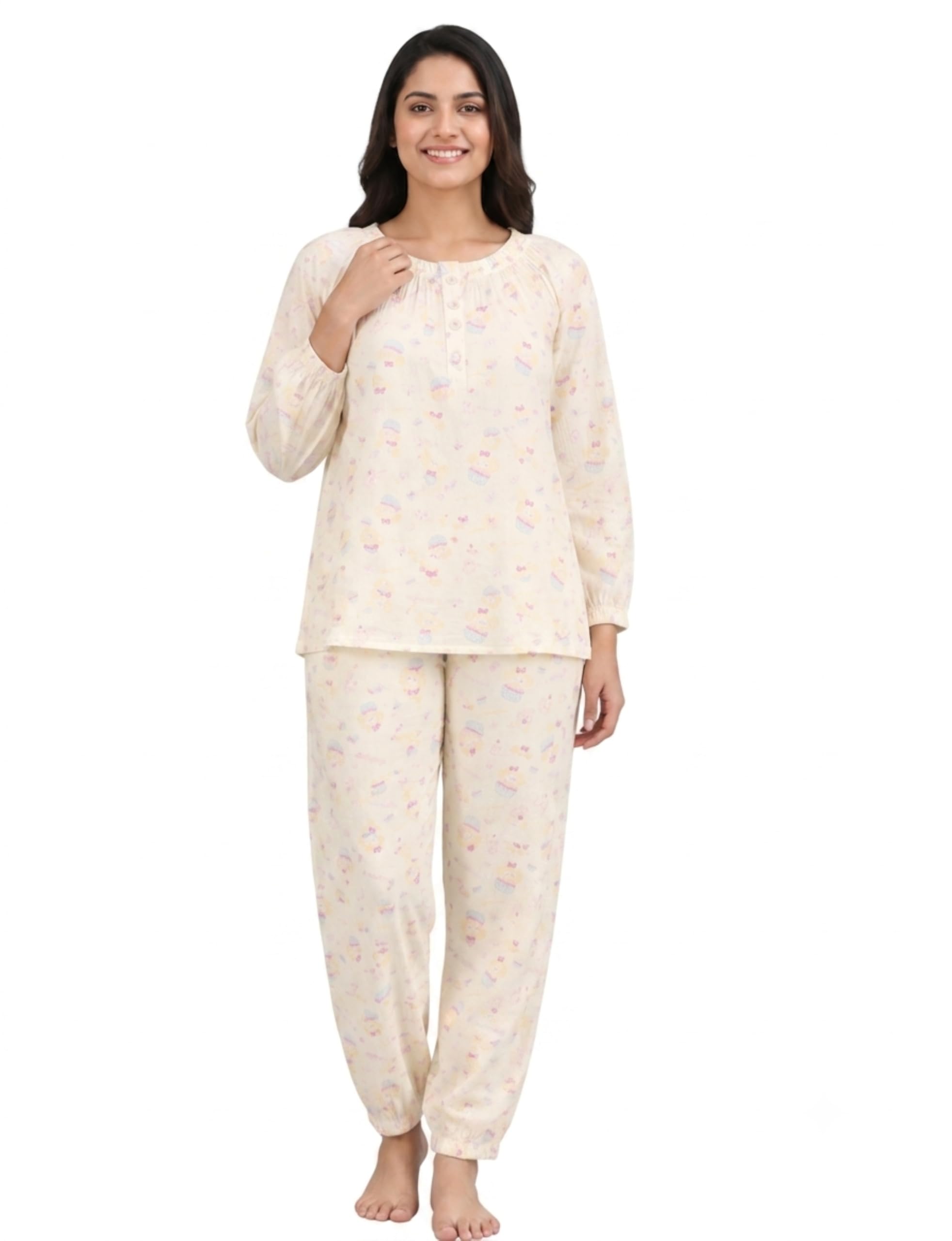 camey Women Printed Cotton Muslin Night Suit | Full Sleeve Front Open Sleepwear & Loungewear Co-Ord Set Beige Bear L-picture-28