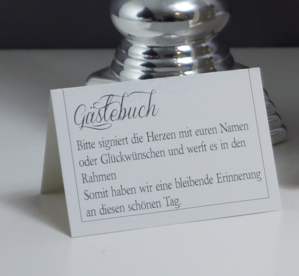 Edles XL Hochzeitsgästebuch, Herzform, Grau, 140 Holz Herzchen - Wunschgravur