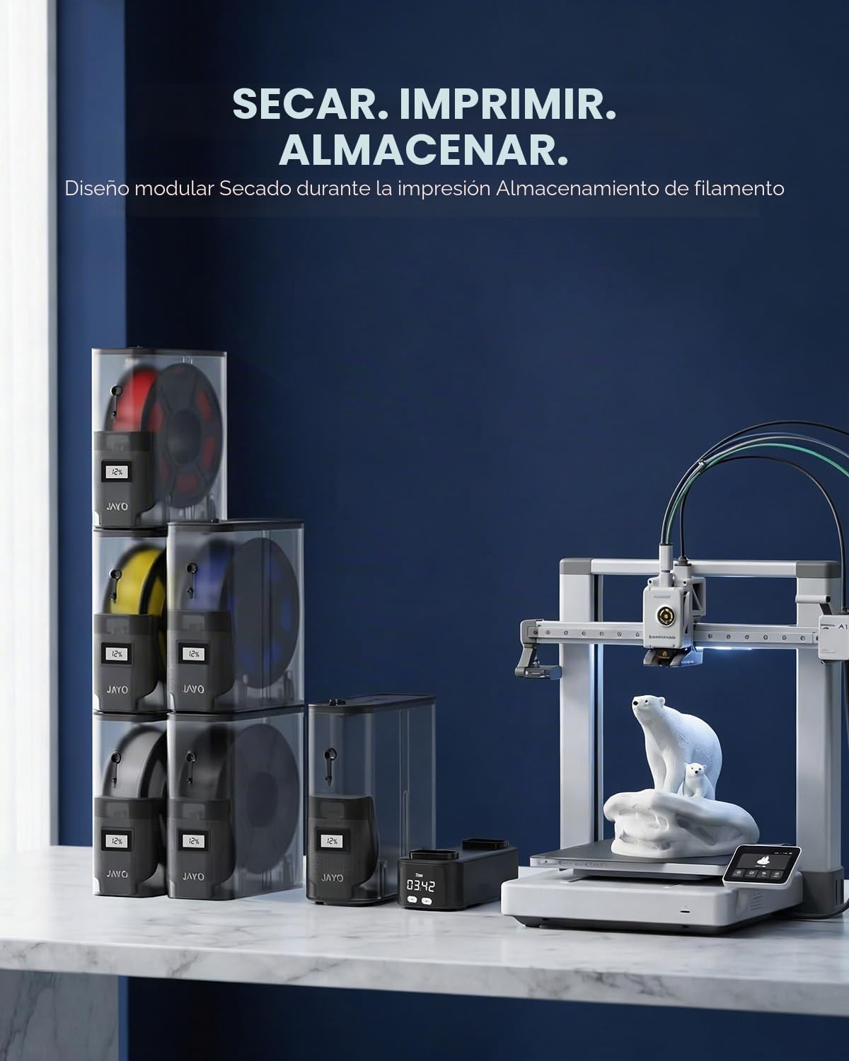 JAYO Secador de Filamento 3D, 150W PTC Calentador, Caja de Secado y Almacenamiento, Higrómetro Integrado, Diseño Apilable, Compatible 1.75/2.85mm (PLA, PETG, ABS, Nylon, TPU)