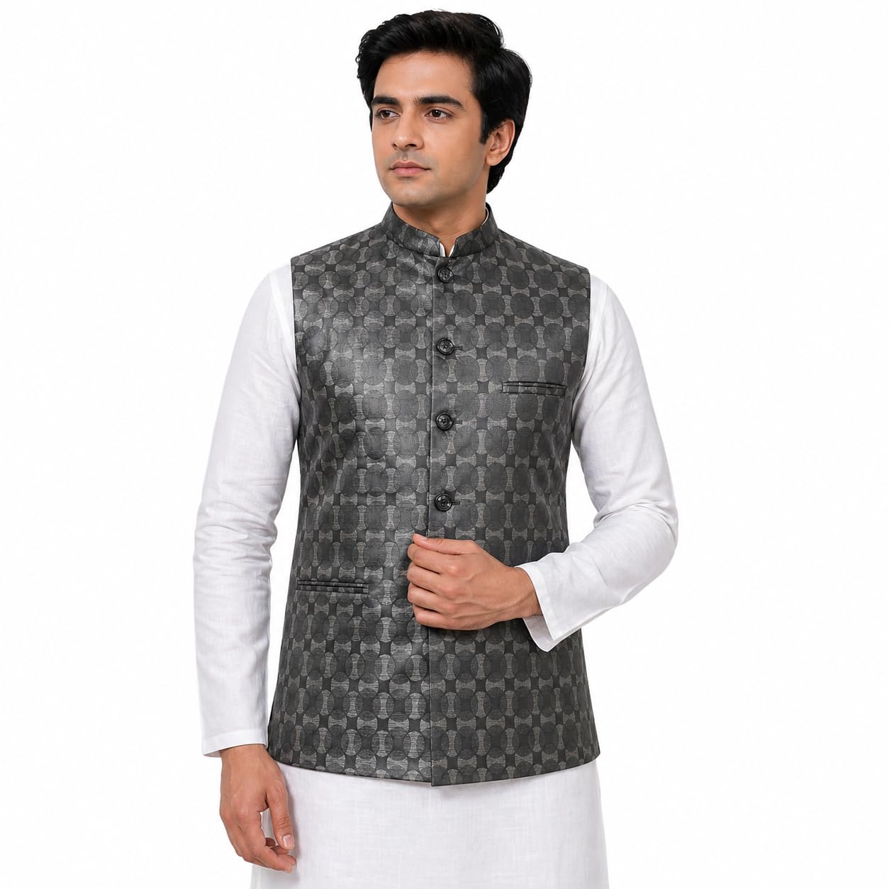 Nine on Nine Men's Nehru Jacket, Grey, Self Print Jacquard Fabric, Formal Wear, Mandarin Collar-picture-20