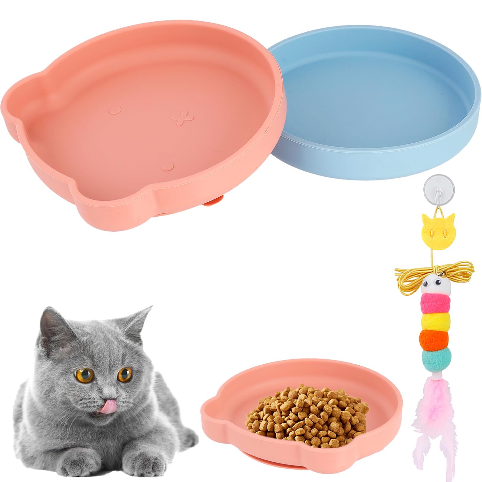 AIVORO 2 Piezas Cuenco Plano para Gatos con Juguete para Gatos, Cuenco de Silicona para Gatos, Cuencos para Gatos Rosas con Ventosa, Cuenco para Gatos para Comida Seca y Comida Húmeda
