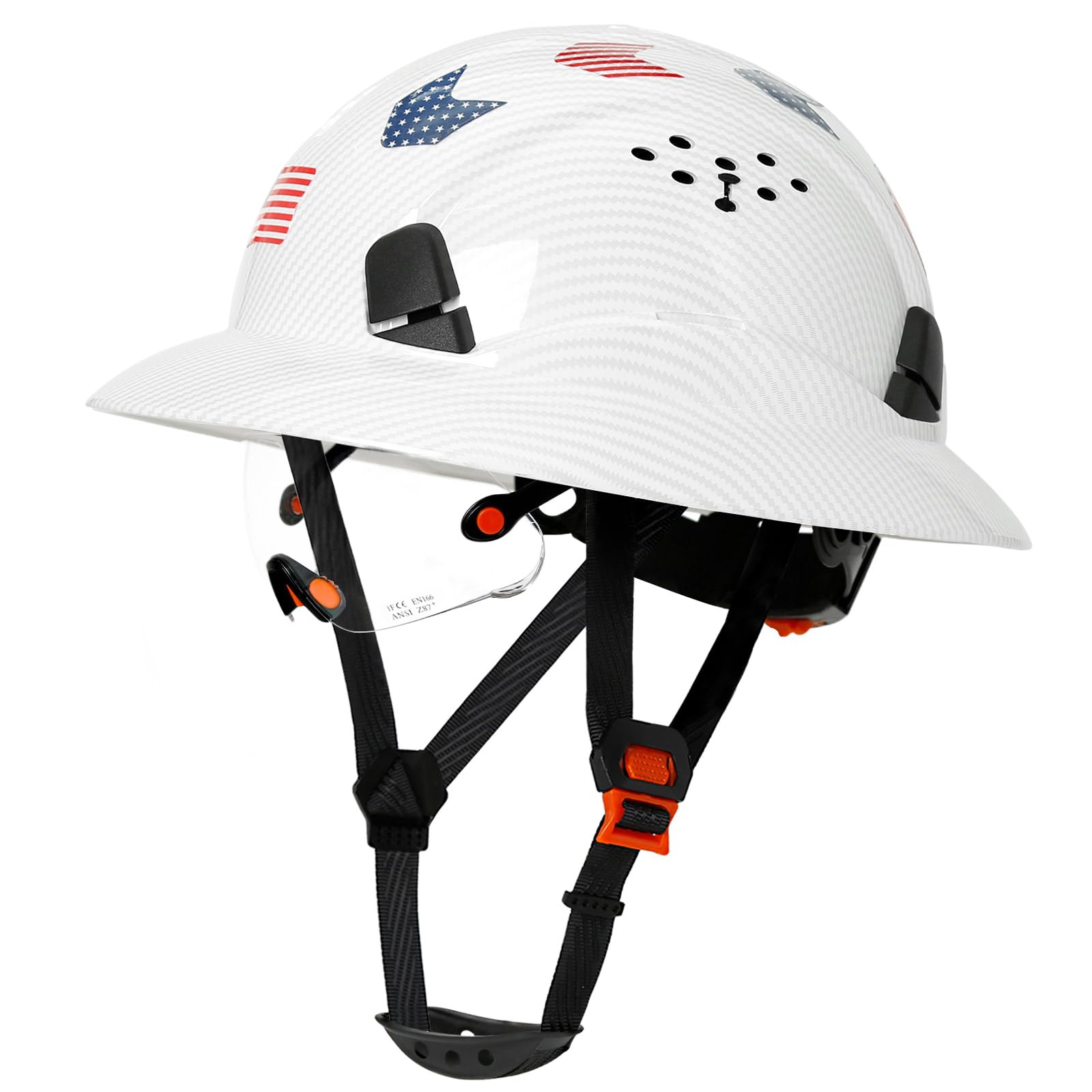 Carbon Fiber Pattern Full Brim Hard Hat with Visor-OSHA Approved Construction Safety Helmet for Men Women,ANSI Z89.1 Vented Reflective Hardhat with Hard Hat Chin Strap,6-Point Suspension