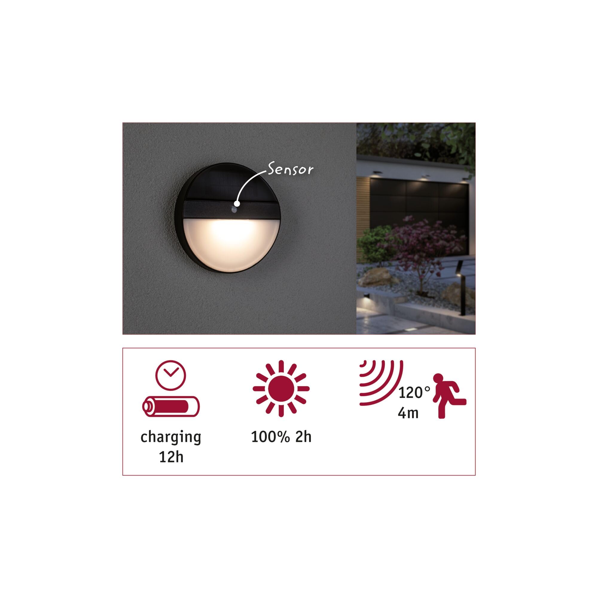 Paulmann 94264 LED Solar Outdoor Wandleuchte Elois rund incl. 1x1 Watt IP44 Außenbereich Anthrazit Solar Kunststoff Solarlampe 3000 K