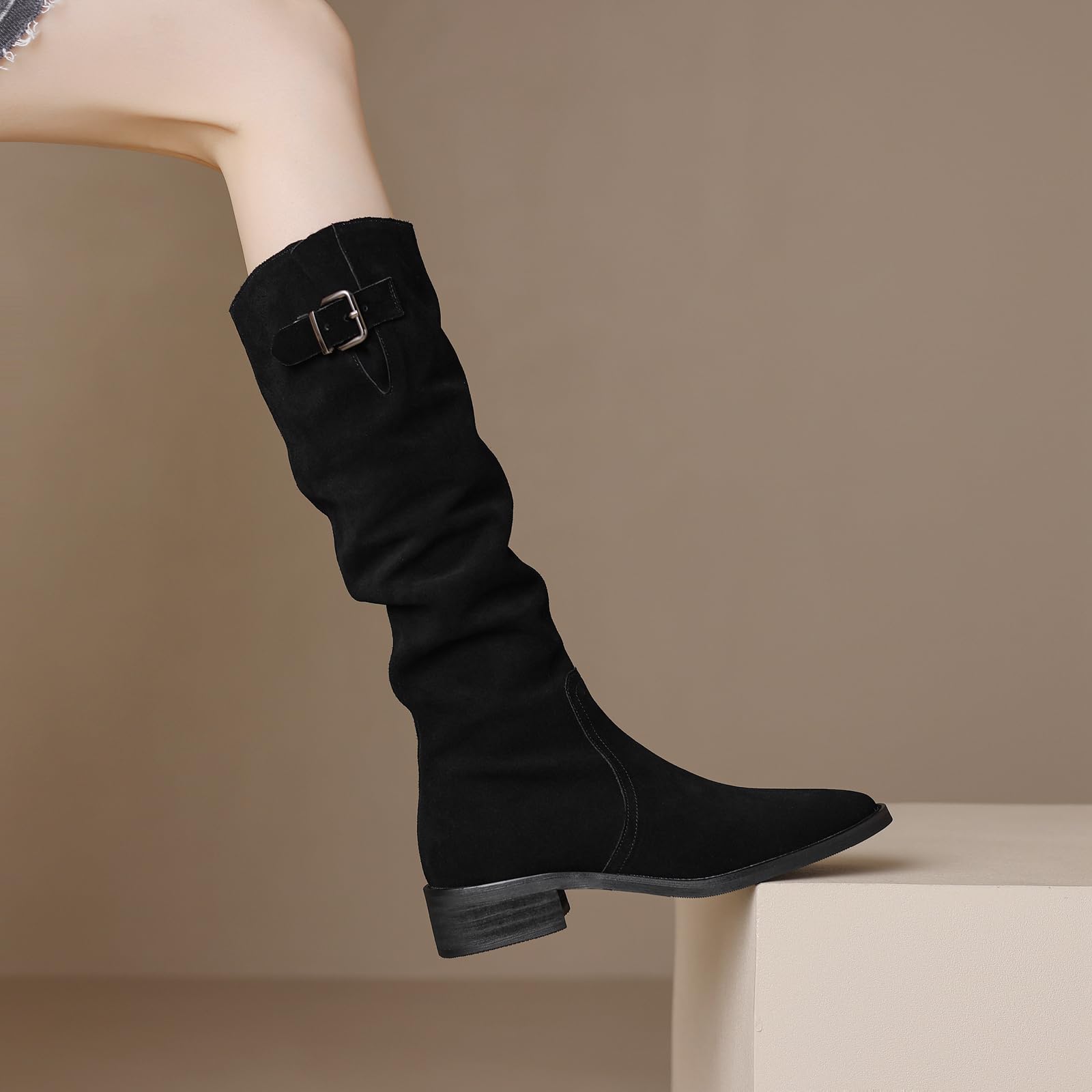 Stivali da donna Vintage Nubuk al ginocchio con pizzo quadrato e bassi, tacchi grossi per l'inverno