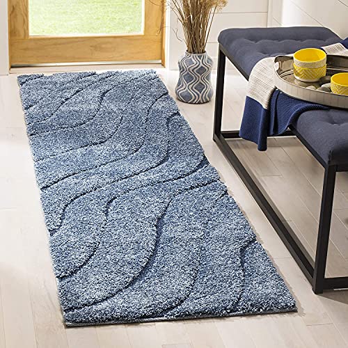 Image of (Pack of 2 Textured Wave Shaggy Carpet for Living Room, Bedroom, High Low Design Finish Microfiber 1.8 Inch Pile High, 2x6 Feet Runner Sky Blue|Blue Color