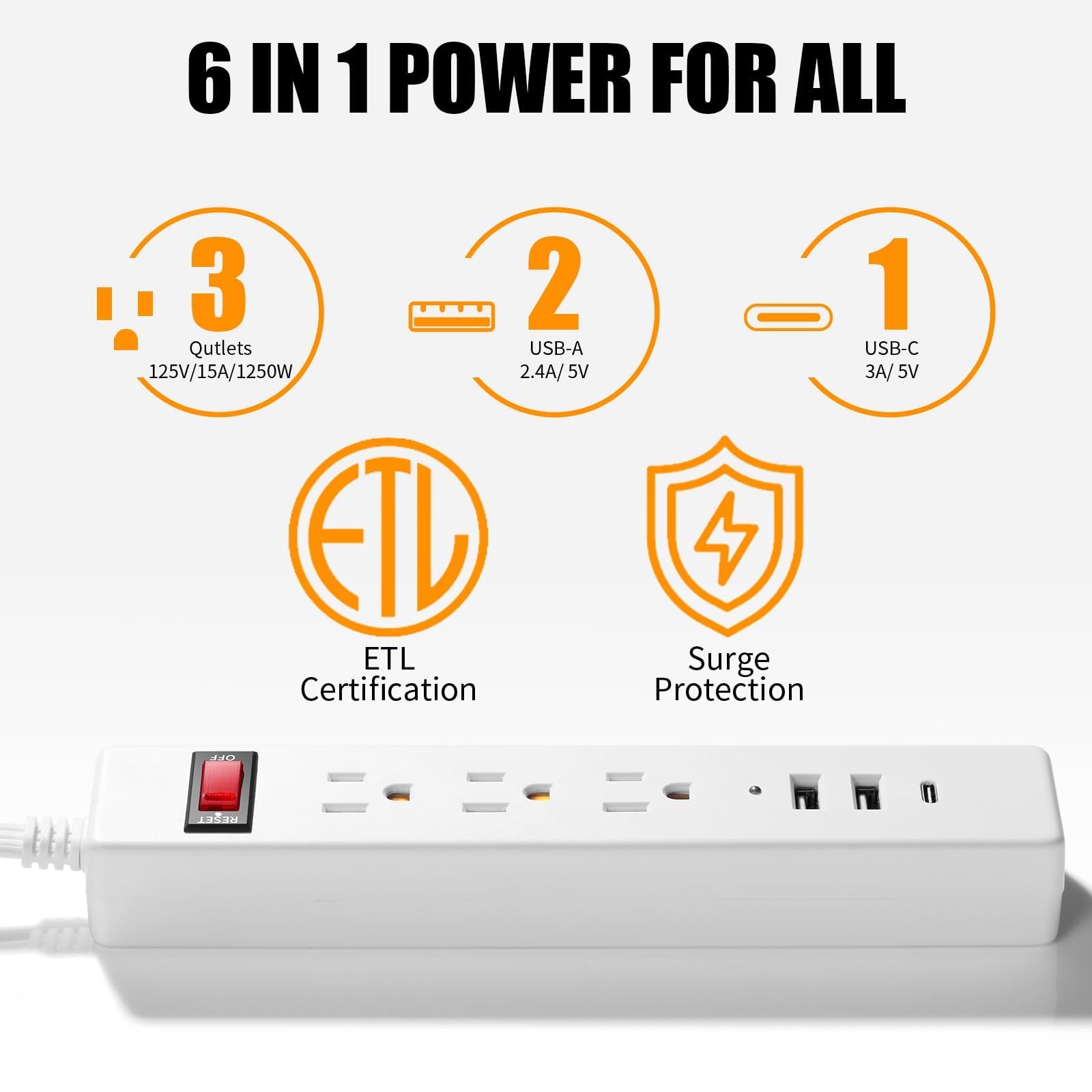 Dual Verlängerungskabel - 3 Fuß Split Verlängerungskabel, 6 Steckdosen und 6 USB-Anschlüsse, Dual Steckdosenleiste, 3 Pin und Flachstecker für hinter Bett, Sofa