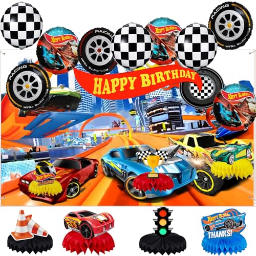 cars birthday decorations race car birthday party suppliesrace car Party Background banner(7x5ft) 9 Pieces Cars Honeycomb Centerpieces 9PC Aluminum foil Birthday balloon
