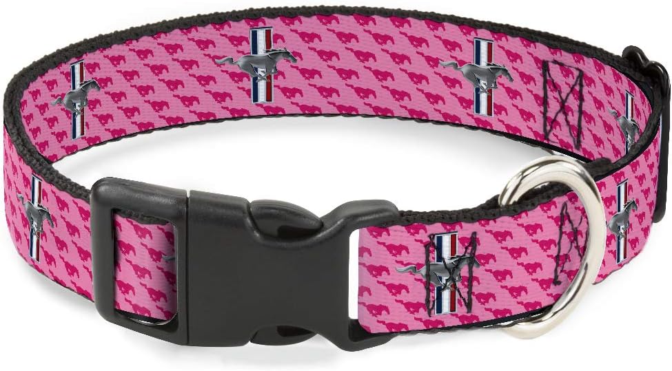 Buckle-Down Dog Collar Plastic Clip Ford Mustang Bars Text Pink Logo Repeat 16 to 23 Inches 1.5 Inch Wide