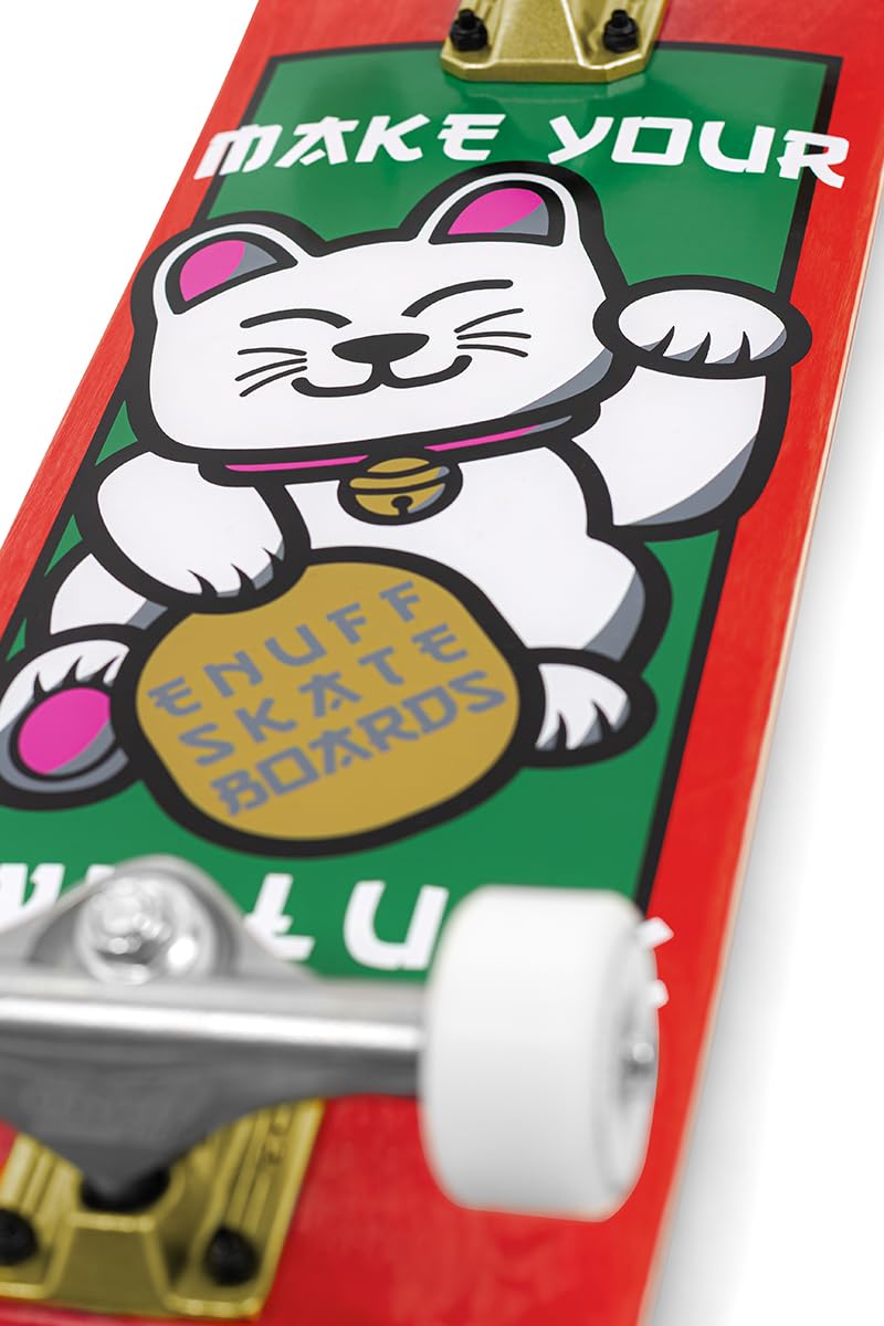 Enuff Lucky Cat Complete Skateboard - 7-warstwowy klonowy pokład i komponenty premium: Decade Pro Trucks, koła 53 mm XX, łożyska ABEC-9, taśma z uchwytem ikony czaszki