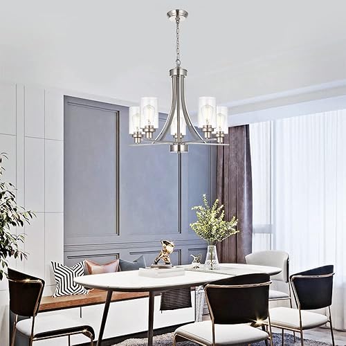 Miniatura 8 de BONLICHT Lámpara de araña tradicional de 5 luces de níquel cepillado para isla de cocina, comedor, lámpara colgante de vidrio semillado, lámpara de