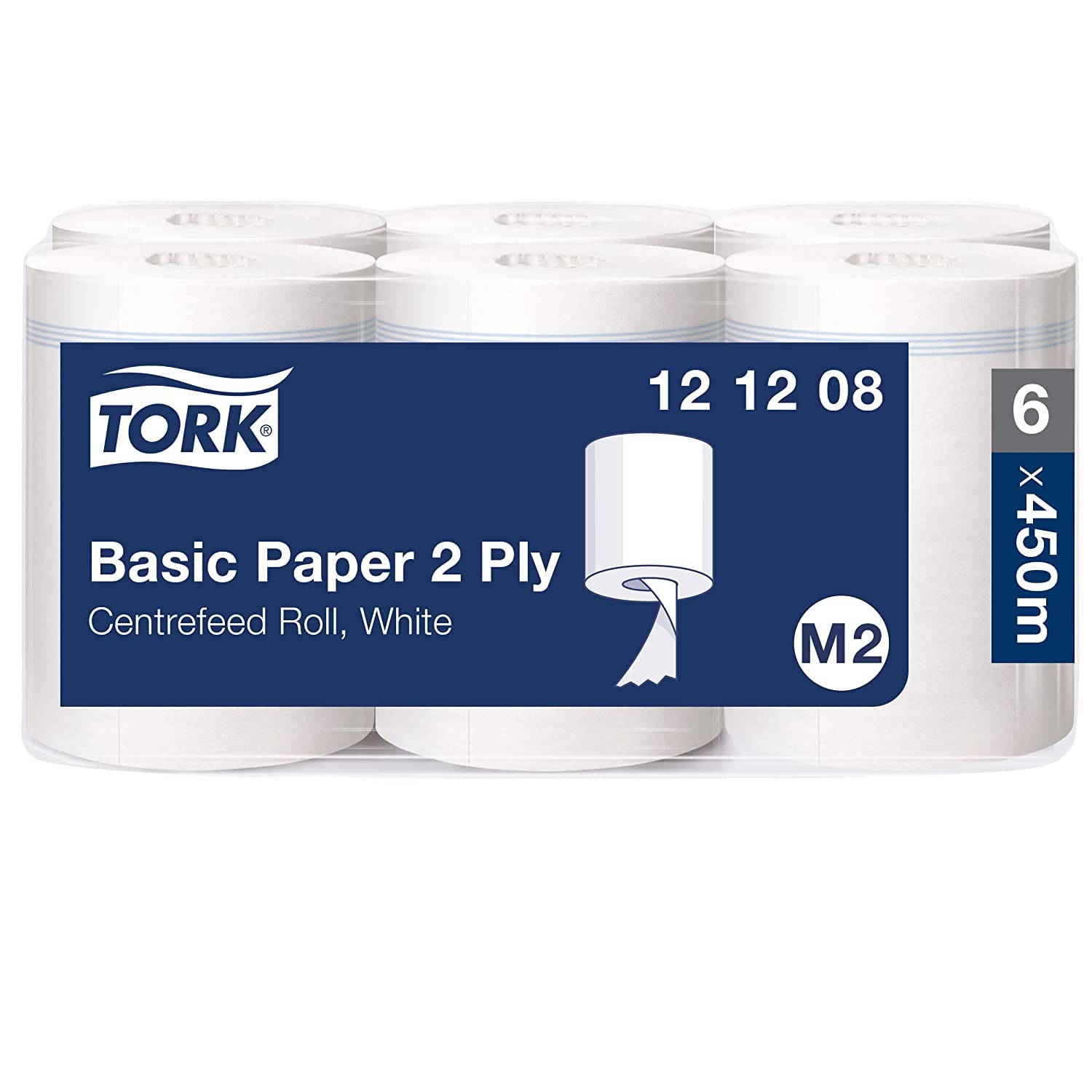 Tork Papier d’Essuyage Basic pour Distributeur à Dévidage Central blanc M2, Papier d'essuyage multi-usages, 6 x 121,5 m, 121208 | Multi-usages, 6 x 121,5 m, 121208