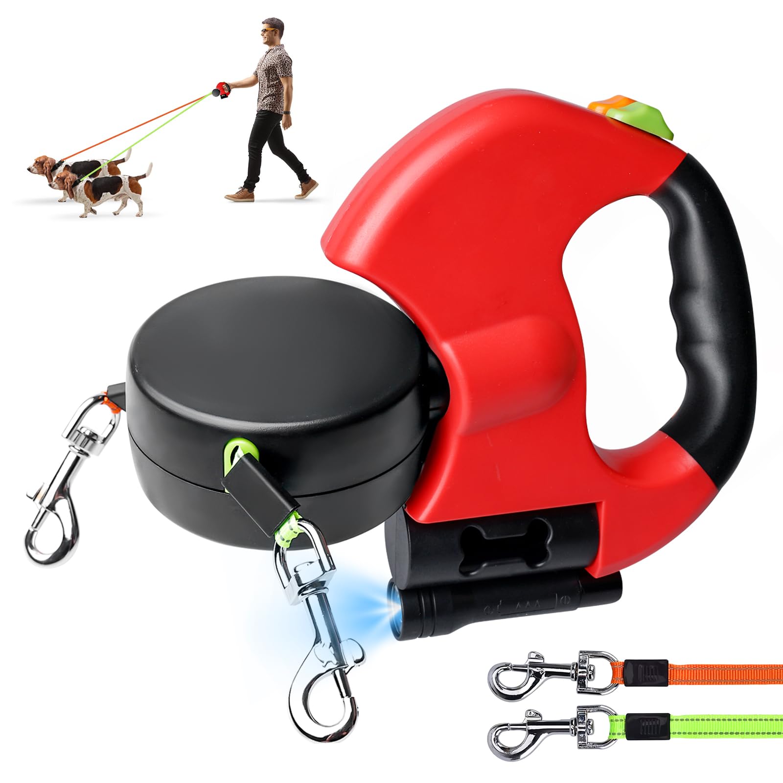 Laisse double pour 2 chiens - 3 mètres, laisse rétractable et extensible pour chiens avec fonction de lumière, poignée ergonomique et bobine