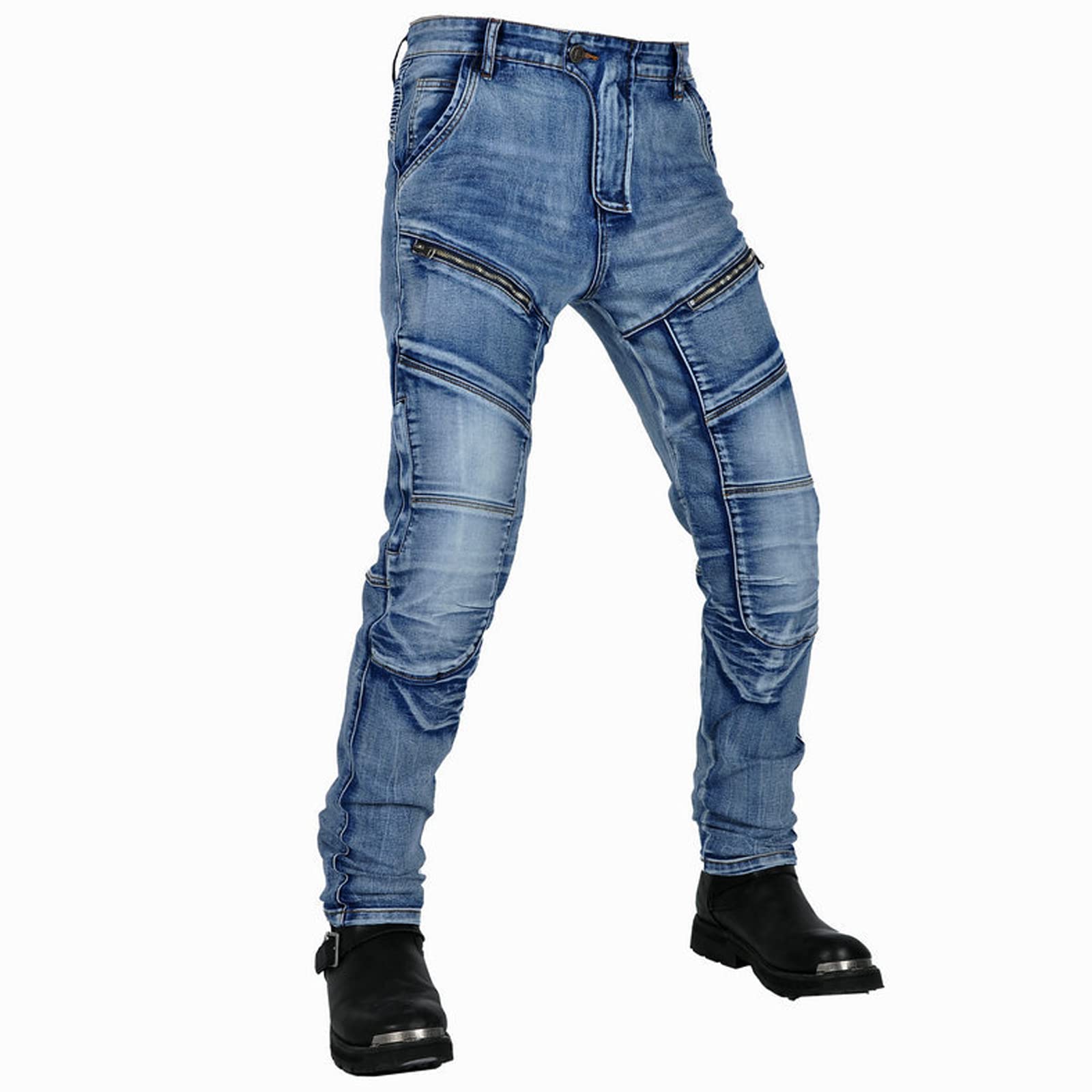 Męskie spodnie motocyklowe, jeansy, rozciągliwe, styl vintage, tekstylne, z ochraniaczami, niebieski, XXL