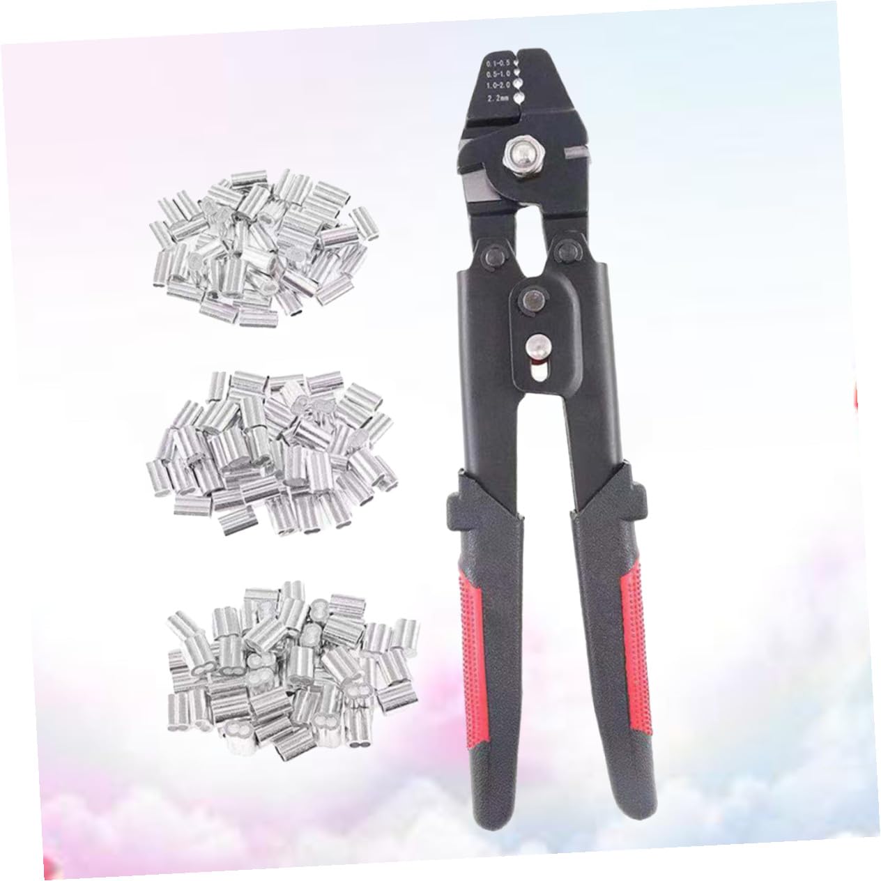 Pinza Crimpatrice per Cavi con Tubo in Alluminio e 180 Manicotti, Strumento per Crimpare Funi Metalliche e Corde, con Impugnatura Antiscivolo e Blocco di Sicurezza,