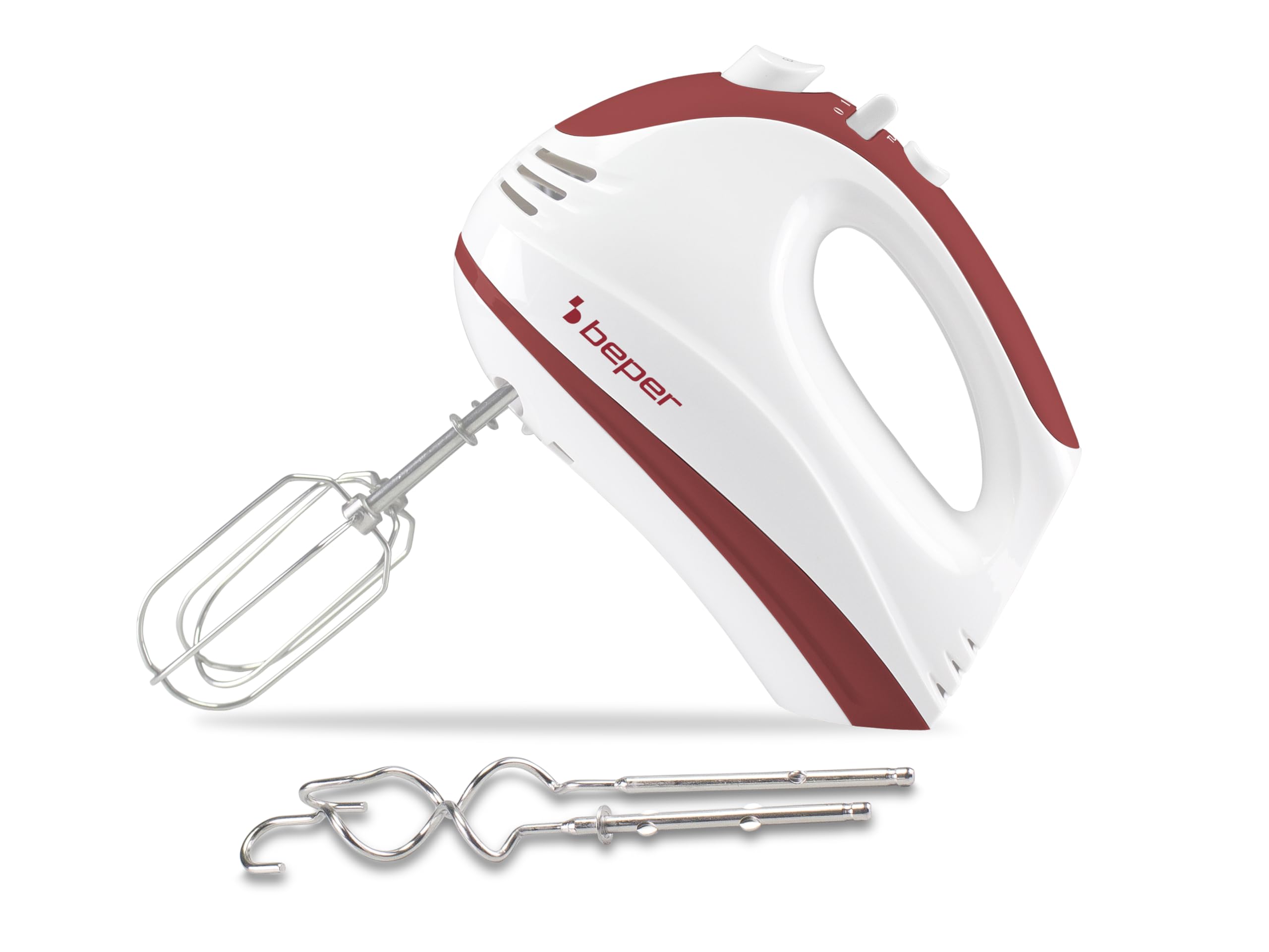 BEPER P102SBA101 Elektrischer Schneebesen 300W, Elektrischer Schneebesen mit 2 Schneebesen, 2 Quirlen, 5 Geschwindigkeiten und Turbofunktion, Ergonomischer Griff, Weiß/Rot