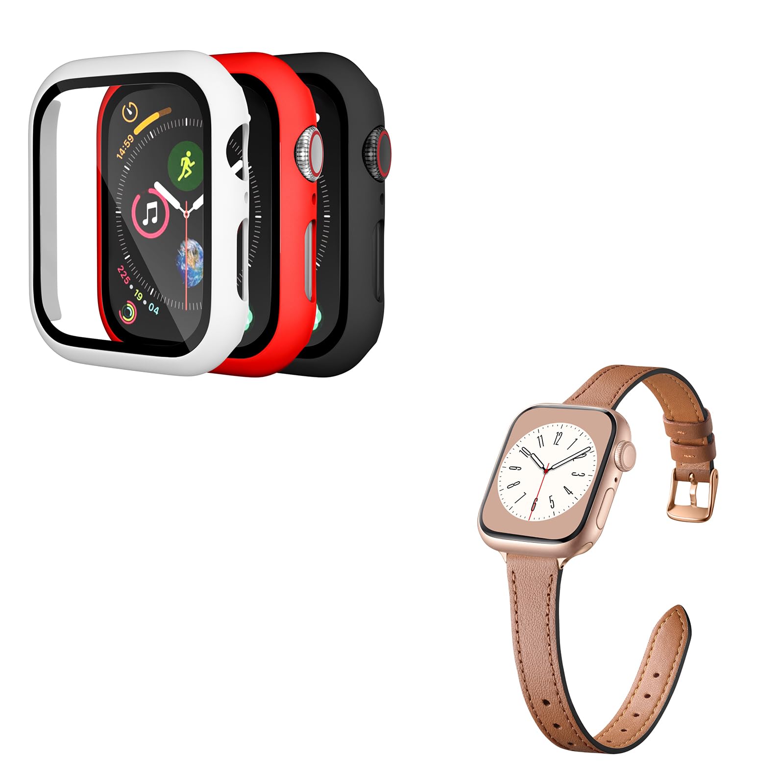 Charlam3 Pack Apple Watch Case 44mm and 1 Pack Slim Leather Apple Watch Band for iWatch Series 4 5 6 SE 44mm