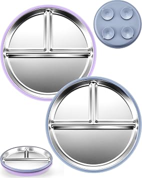 MIMORE Stainless Steel Kids Plates - 2 Pack 9.25" Stainless Steel Baby Plates with Suction - Non Toxic & BPA Free Navy Blue & Purple