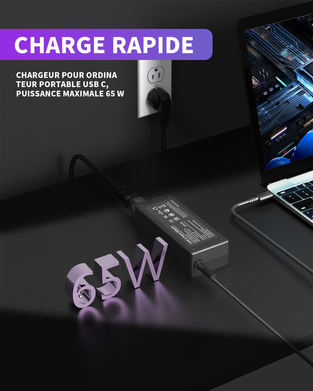 Chargeur USB C 65W pour Lenovo ThinkPad T14 T480 L14 L15 E15, HP Spectre X360 EliteBook, Dell, Acer, ASUS, Huawei, MacBook Pro, Samsung, LG