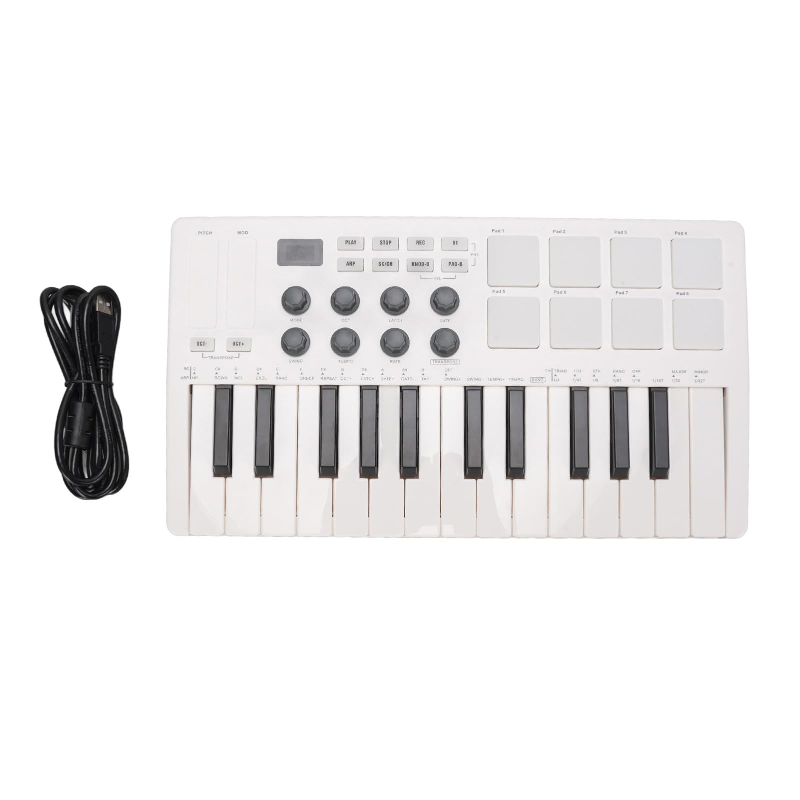 XUMIUZIY Teclado Midi de 25 Teclas, Controlador de Teclado Midi Bluetooth con 8 Almohadillas batería retroiluminadas RGB y 8 perillas, Beat Maker portátil y Keytar para producción Musical