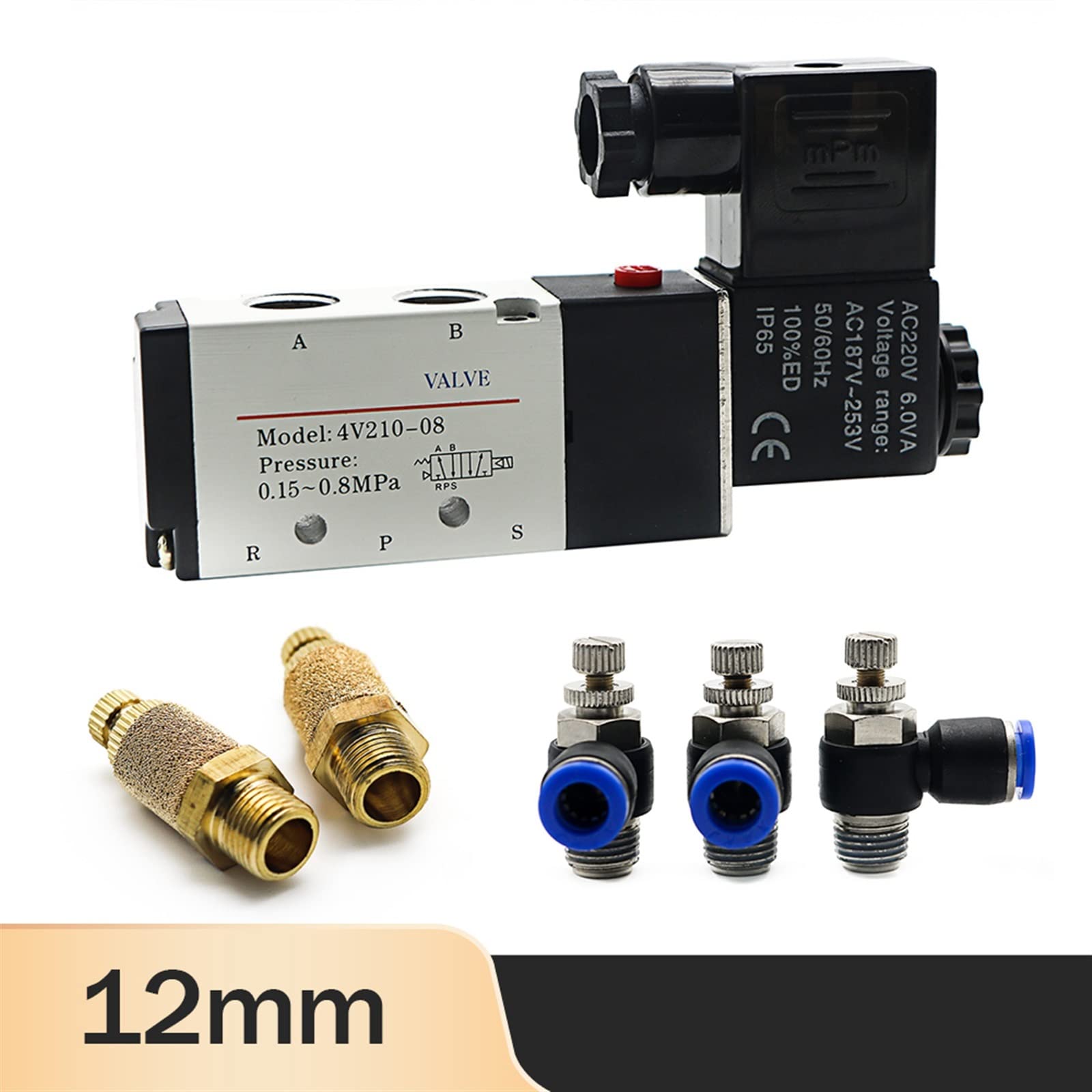 Elektrozawór elektromagnetyczny pneumatyczny 4V210-08, 5-drożny, 2 pozycje, kontrola powietrza i gazu, zawór magnetyczny 12 V 24 V 220 V, złącza węża 4mm-12 mm, 1 szt. (SL 12 mm regulacja,