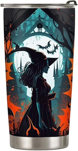 ORCAE Vaso de Halloween de 20 onzas, vaso de bruja de Halloween, vaso de bruja de calabaza de Halloween, taza de viaje aislada con tapa, termo de