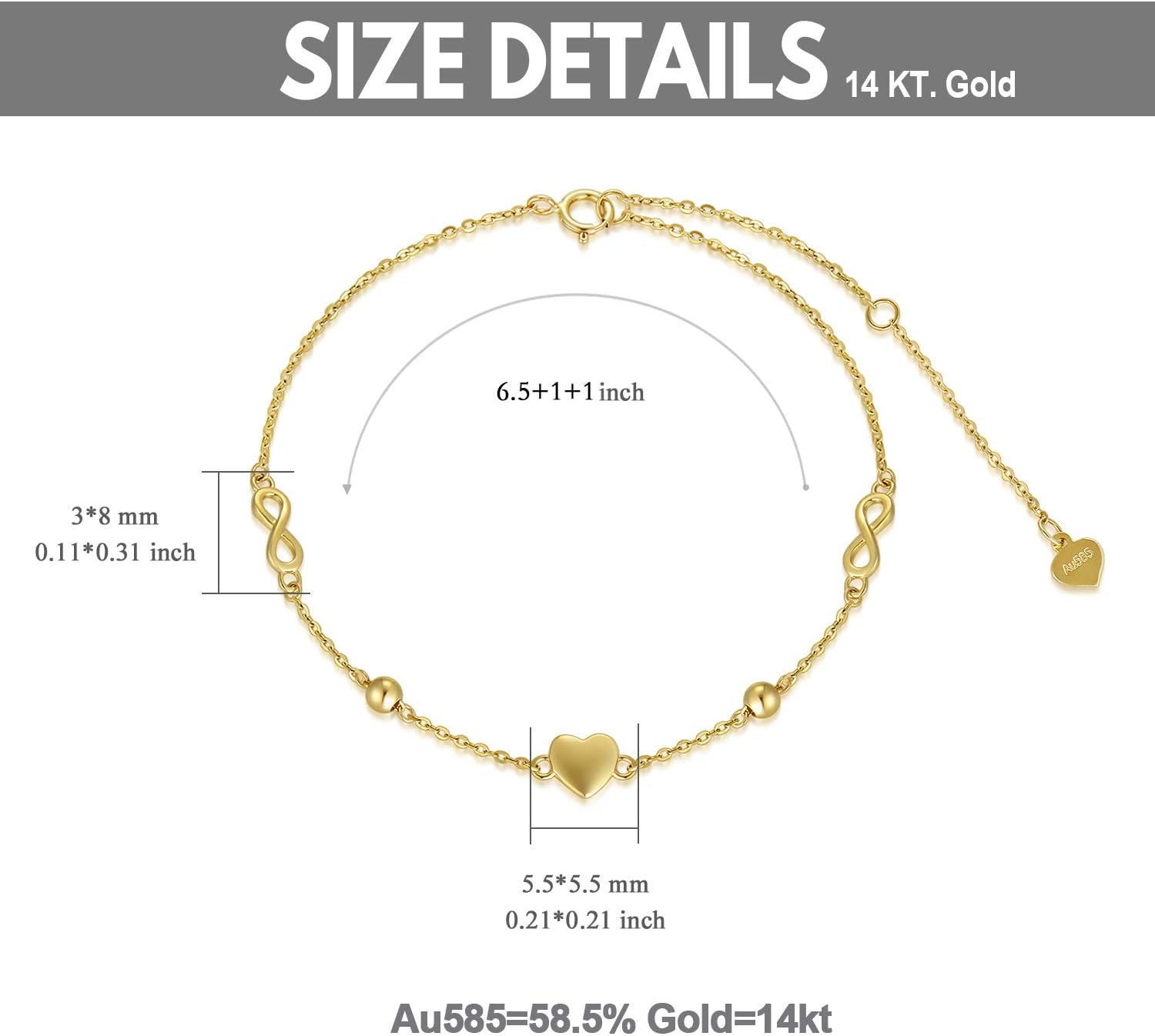 SISGEM 14K Real Gold Heart Infinity Bracelet for Women,Yellow/White Gold Natural Diamond Infinity Beads Bracelets Valentine's Day Birthday Jewelry Gifts for Wife Mom 6.5''+1''+1'' - Image 6