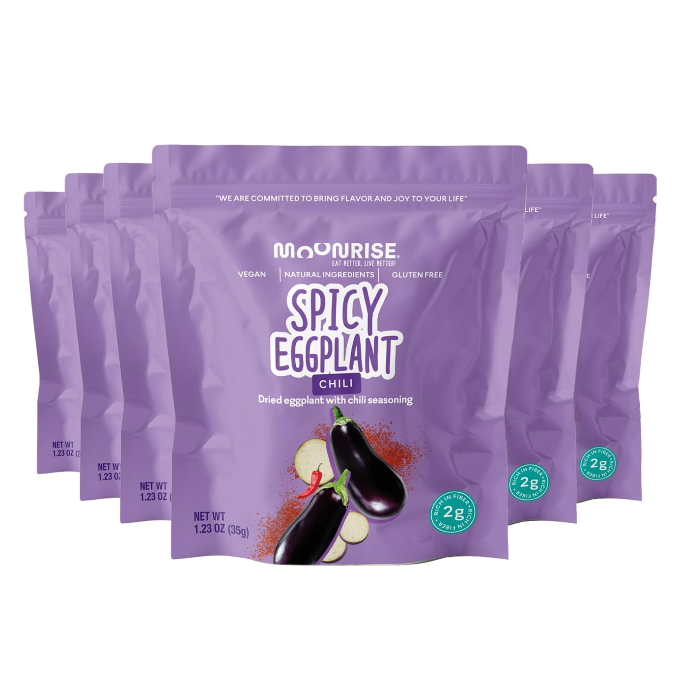 Moonrise Spicy Dried Eggplant | Chili-Lime Vegetable Snack | Vegan | Gluten-Free | Low-Calorie | High Fiber | 100% Natural Clean-Label Snack (Pack of 6)