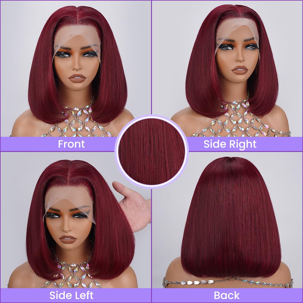 UTIDE 99J Burgundy Bob Wig Human Hair 16 Inch Straight 13x4 HD transparent Lace Frontal Wig Free Part Wig Straight Bob Win Red Human Hair Pre Plucked Bob Wig Lace Front Wig Human Hair For Black Women