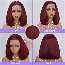 UTIDE 99 j Burgundy Wig Human Hair 13x4 HD Lace Front Wigs Human Hair for Black Women Short Straight Bob Lace Frontal GluelessWigs Human Hair Pre Plucked180% Density Red Wig 10 Inch