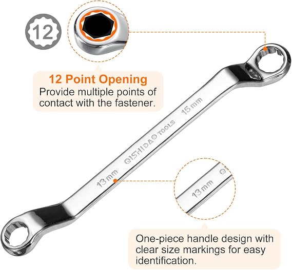 sourcing map 2pcs 45 Degree Offset Box End Wrench 13mm x 15mm Metric 12 Point Mirror Chrome Plated Alloy Steel Double Box Wrenches Long Industrial Grade Torx Box Wrench Repair Tool